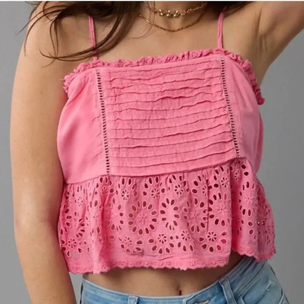 American Eagle Pink Preppy Coquette Babydoll Cami Tank Top Size L - Picture 1 of 9